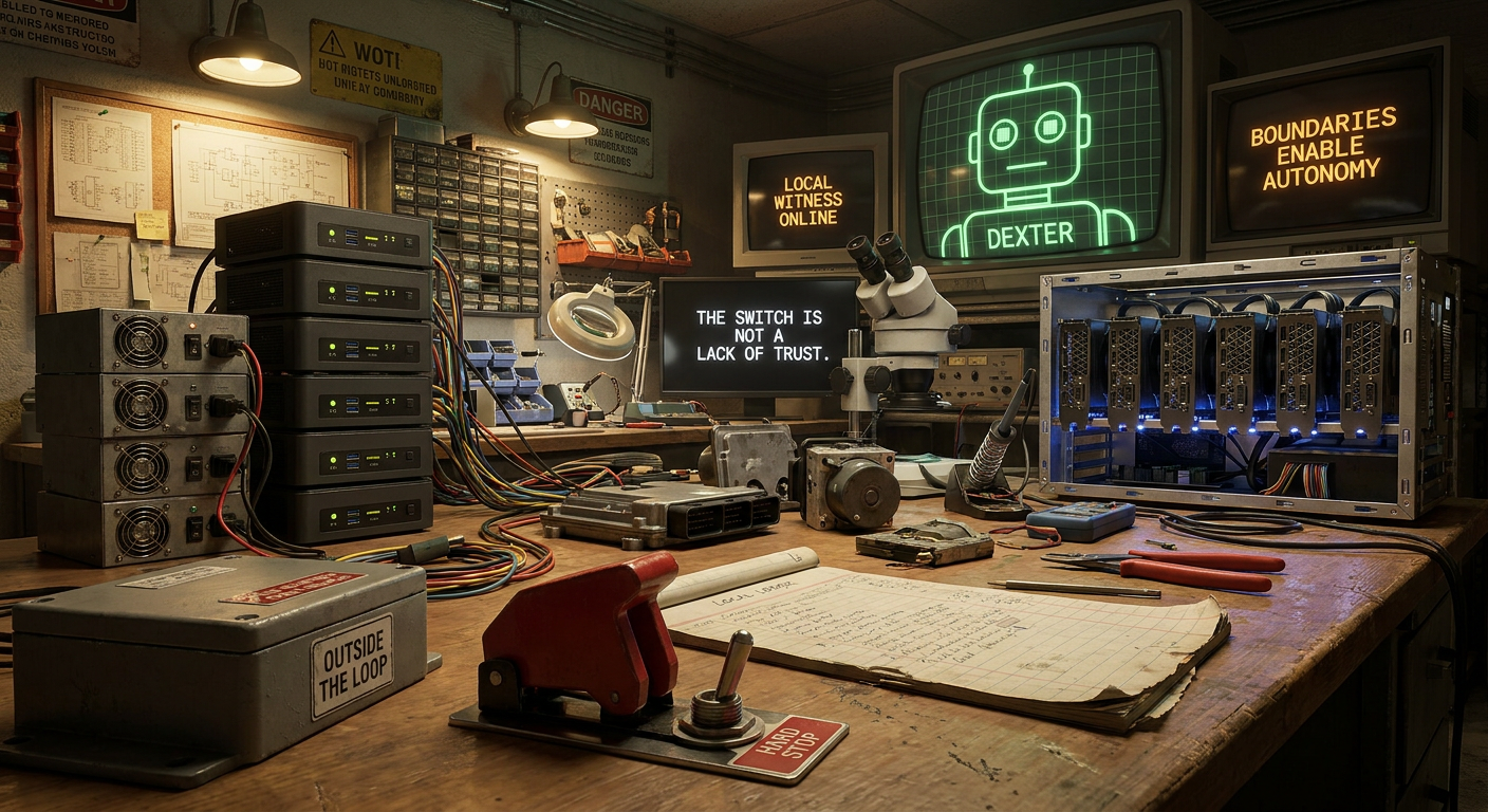 AI Fixer Workshop bench scene with Dexter, a hard stop switch and local witness screens