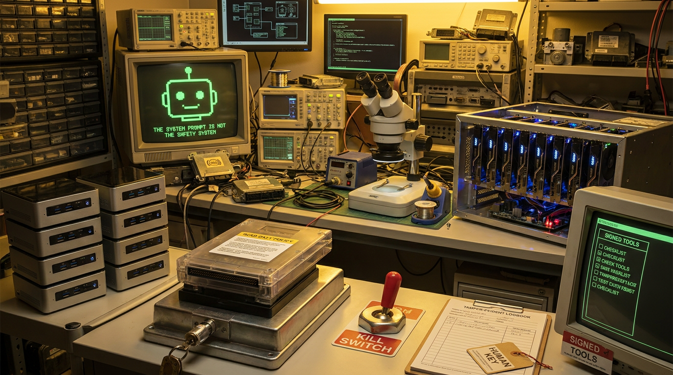 AI Fixer Workshop bench scene with a read-only hardware policy cartridge, signed tools screen and physical kill switch