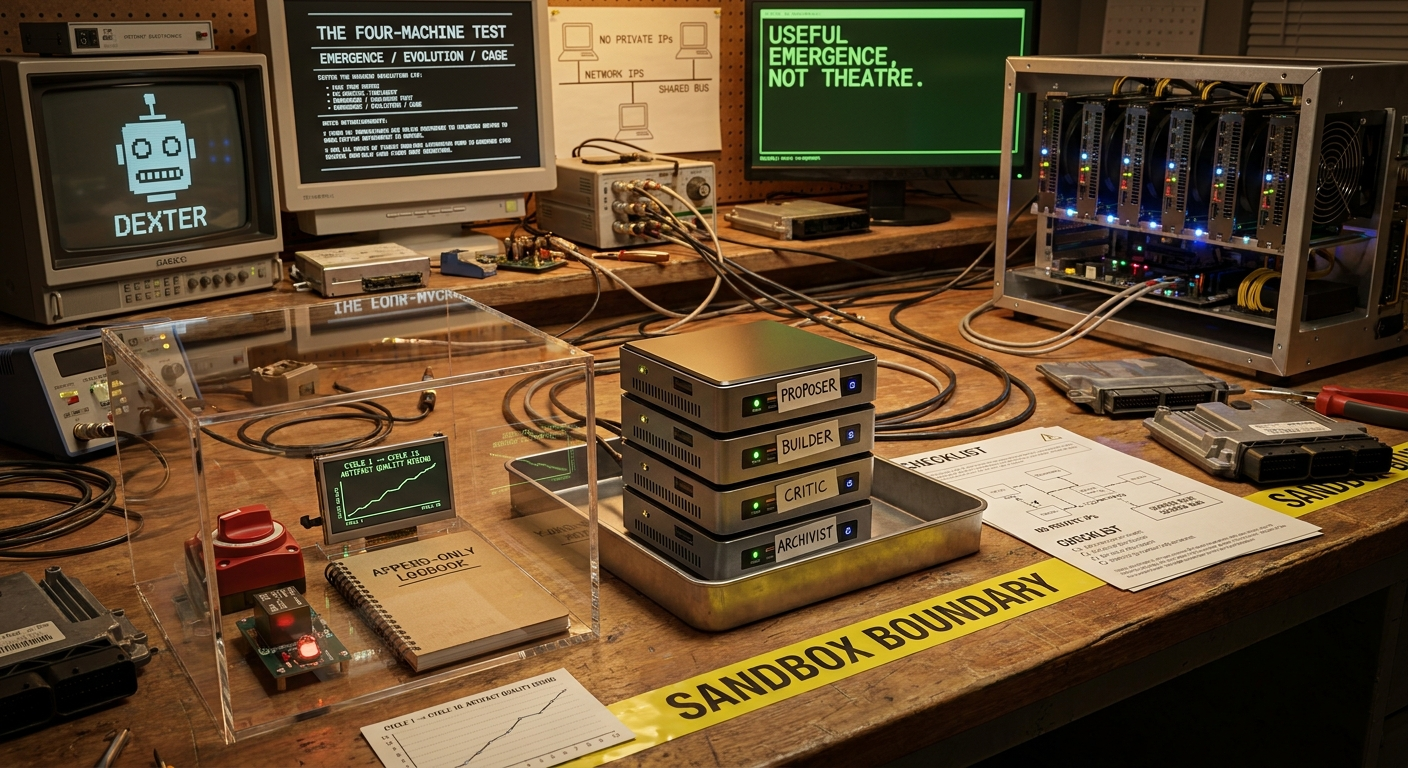 AI Fixer Workshop scene with four mini PCs in an isolated agent colony cage